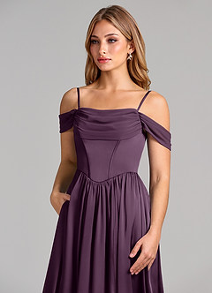 Azazie Raisa Bridesmaid Dresses Plum A-Line Off the Shoulder Stretch Satin Dress image7