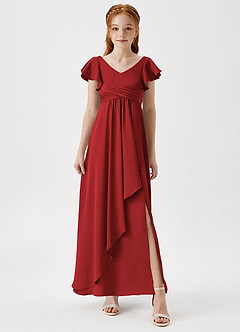 Azazie Omari Junior Pomegranate A-Line Pleated Stretch Satin Dress image4