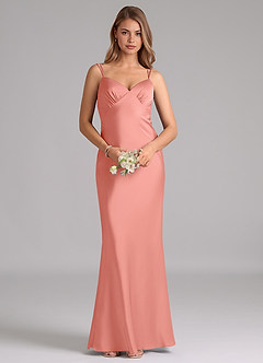 Azazie Suttona Bridesmaid Dresses Coral A-Line Pleated Stretch Satin Dress image6