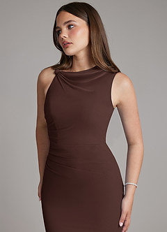 Azazie Charice Bridesmaid Dresses Ganache Sheath Pleated Chiffon Dress image2