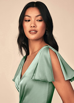Azazie Soren Bridesmaid Dresses Agave A-Line Pleated Stretch Satin Dress image6