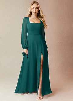 Azazie Leonia Bridesmaid Dresses Peacock A-Line Long Sleeve Chiffon Dress image3