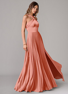 Azazie Afra Robes de demoiselle d'honneur Robe Trapèze en Satin extensible Plissée Corail image3
