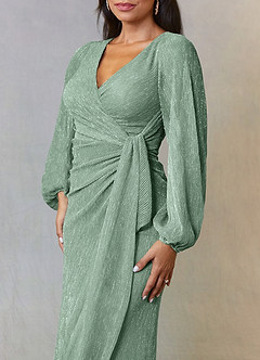 Azazie Sterling Mother of the Bride Dresses Aquamarine A-Line Ruched Metallic Mesh Dress image4