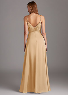 Azazie Calissa Bridesmaid Dresses Gold A-Line V-Neck Pleated Stretch Satin Dress image2