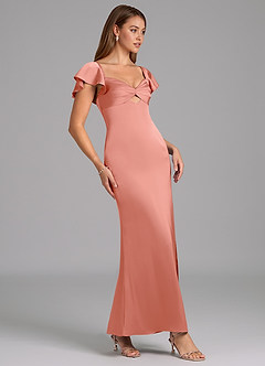 Azazie Demia Bridesmaid Dresses Coral Sheath Sweetheart Neckline Stretch Satin Dress image3