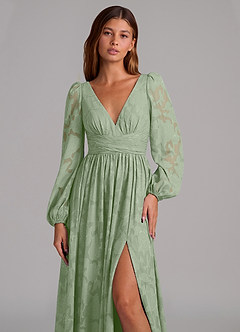 Azazie Norah Brudtärnklänningar Klä av A-Linje i Blommig Utbrändhet Långärmad Dusty Sage image7