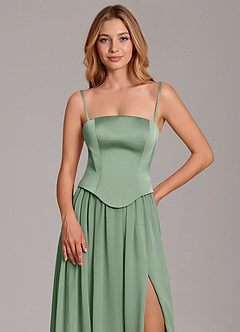 Azazie Cadence Bridesmaid Dresses Matcha A-Line Corset Stretch Satin Convertible Dress image2