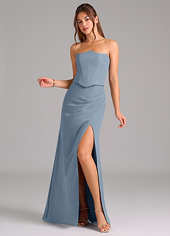 Azazie Jenine Vestidos de damas de honor Vestido de Azul Polvoriento de Gasa de Corte Sirena con Sin tirantes image3