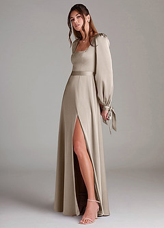 Azazie Leonia Bridesmaid Dresses Frost A-Line Long Sleeve Stretch Satin Dress image5