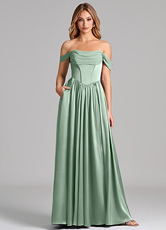 Azazie Raisa Robes de demoiselle d'honneur Robe Trapèze en Satin extensible Épaule décolletée Agave image1