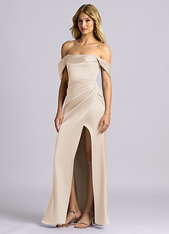 Azazie Auden Suknie dla druhen Osłona Zza ramienia Satyna elastyczna Do ziemi Sukienka image4