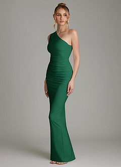 Azazie Shanice Bridesmaid Dresses Emerald Sheath One Shoulder Premium Stretch Jersey Dress image4