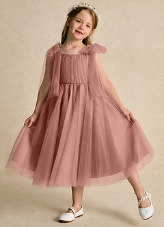 Azazie Dori Robe Demoiselle D'honneur Fillette Robe Trapèze en Tulle Rayé Rose De Cèdre image4