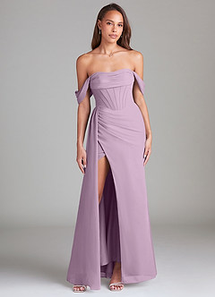Azazie Amyra Bridesmaid Dresses Wisteria Sheath Off the Shoulder Chiffon Convertible Dress image1
