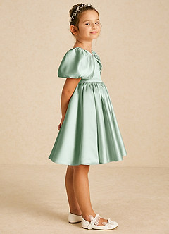 Azazie Muffin Flower Girl Dresses Agave A-Line with Sleeves Matte Satin Dress image3