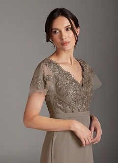 Azazie Singer Mother of the Bride Dresses Taupe A-Line V-Neck Lace Chiffon Dress image5
