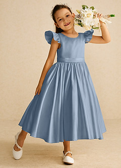 Azazie Violeta Blumenmädchenkleider Ballkleid Schleifen Matte Satin Kleid Staubblau image1