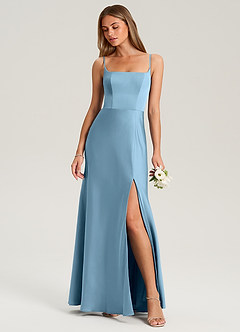Azazie Lidia Bridesmaid Dresses Steel Blue Mermaid Side Slit Stretch Satin Dress image1