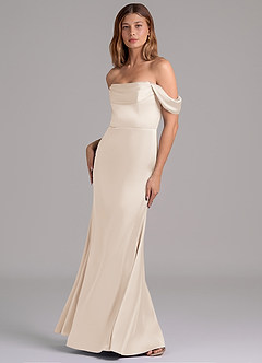 Azazie Miley 신부 들러리 드레스 인어 오프 더 숄더 스트레치 새틴 바닥 길이 드레스 image5