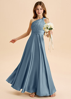 Azazie Charlize Junior Dusty Blue A-Line Pleated Stretch Satin Dress image4