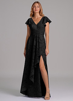 Azazie Omari At-home Try On Dresses Black A-Line Pleated Floral Burnout Dress image4