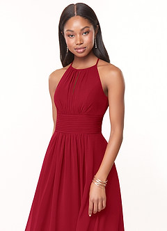 Azazie Bonnie Brautjungfernkleider A-Linie Schlüsselloch Gerüscht Chiffon Kleid Scharlachrot image5
