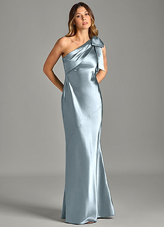 Azazie Yuanna Brudtärnklänningar Klä av Sjöjungfru i Metallisk satin Ena axeln Dammblå image5