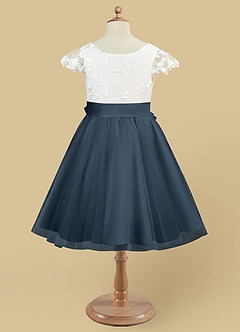 Azazie Vetty vestidos de niña de las flores Vestido de Marfil Azul Petróleo de Tul de Corte En A con Encaje image9