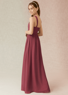 Azazie Jiya Junior Abito A-Line in Chiffon Plissettato Merlot image3