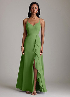 Azazie Naeem Bridesmaid Dresses Basil A-Line V-Neck Ruffle Chiffon Dress image3