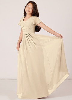 Azazie Peony Junior Robe Trapèze en Mousseline de soie Plissée Champagne image4