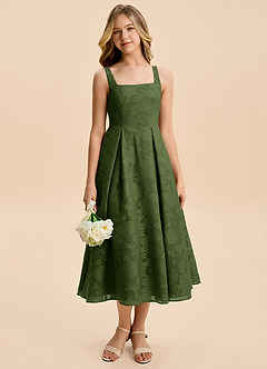 Azazie Amalie Junior Olive A-Line Ruched Floral Burnout Dress image6