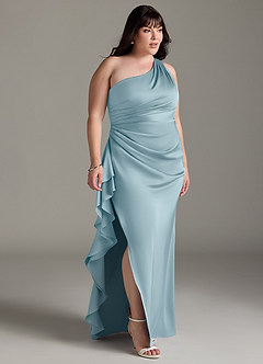 Azazie Latrice Bridesmaid Dresses Moody Blue Sheath One Shoulder Cascading Ruffles Stretch Satin Dress image9