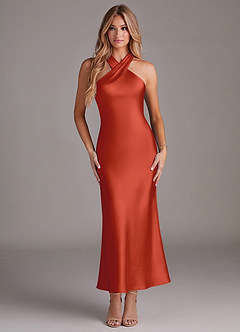 Azazie Doretta Bridesmaid Dresses Rust Mermaid Pleated Stretch Satin Dress image1