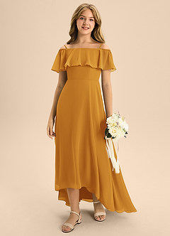 Azazie Maggie Junior A-Linie Schulterfrei Chiffon Kleid Butterscotch image3