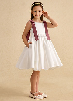 Azazie Stacie Flower Girl Dresses Ivory Amethyst A-Line Bow Matte Satin Dress image2