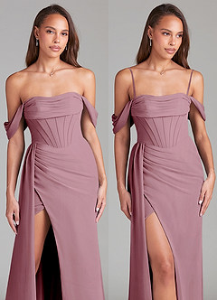 Azazie Amyra Bridesmaid Dresses Vintage Mauve Sheath Off the Shoulder Chiffon Convertible Dress image9