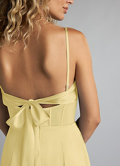 Azazie Mai Bridesmaid Dresses Lemon Sorbet Sheath Pleated Stretch Satin Dress image5