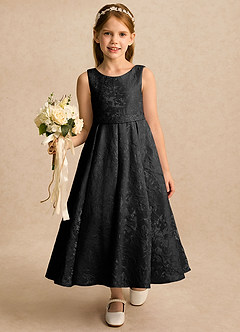 Azazie Goldie Flower Girl Dresses Black A-Line Pleated Floral Jacquard Dress image5