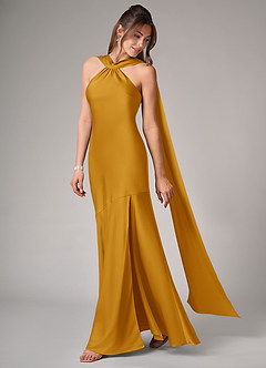 Azazie Kinsley Robes de demoiselle d'honneur Robe Sirène en Satin extensible Fente Latérale Caramel écossais image4