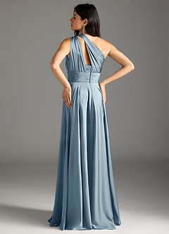 Azazie Charlize Robes de demoiselle d'honneur Robe Trapèze en Satin extensible Ue épaule Bleu Poussiéreux image14
