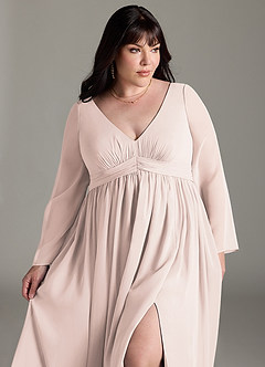 Azazie Teton Maternity Bridesmaid Dresses A-Line Long Sleeve Chiffon Floor-Length Dress image12