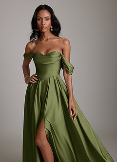 Azazie Loisa Jurken voor bruidsmeisjes Jurk van Stretch Satijn met A-Lijn Off the Shoulder Olijf image5