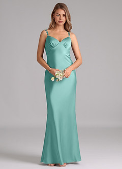 Azazie Suttona Vestidos de damas de honor Vestido de Aqua de Satén Elástico de Corte en A con Plisado image6