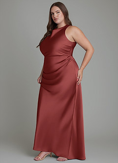 Azazie Evadne Bridesmaid Dresses Terracotta Sheath Pleated Stretch Satin Dress image13