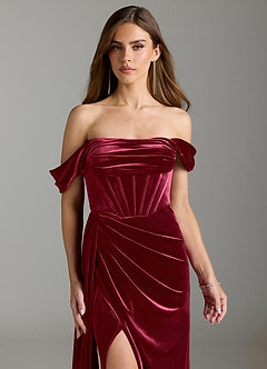 Azazie Amyra Bridesmaid Dresses Burgundy Sheath Off the Shoulder Velvet Convertible Dress image4