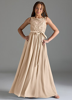Azazie Elly Junior Abito A-Line in Chiffon Pizzo Alabastro Bianco image3