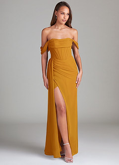 Azazie Amyra Bridesmaid Dresses Butterscotch Sheath Off the Shoulder Chiffon Convertible Dress image3