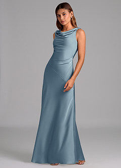 Azazie Nerine Bridesmaid Dresses Dusty Blue A-Line Pleated Stretch Satin Dress image4